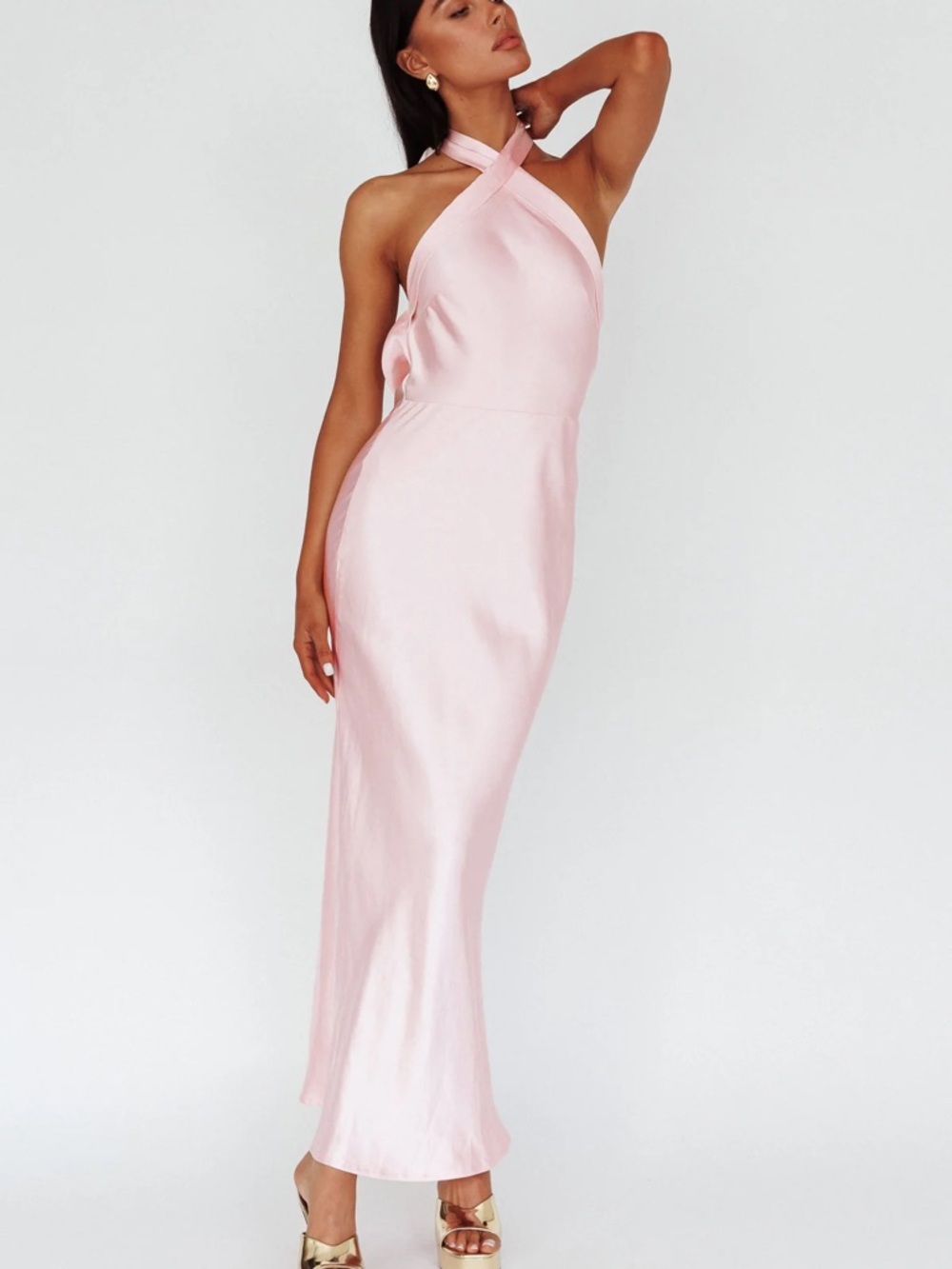 Selfie Leslie- Italia Azure Crossover Halterneck Maxi Dress Pearl